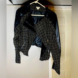 Knit and leather jacket with gold accent